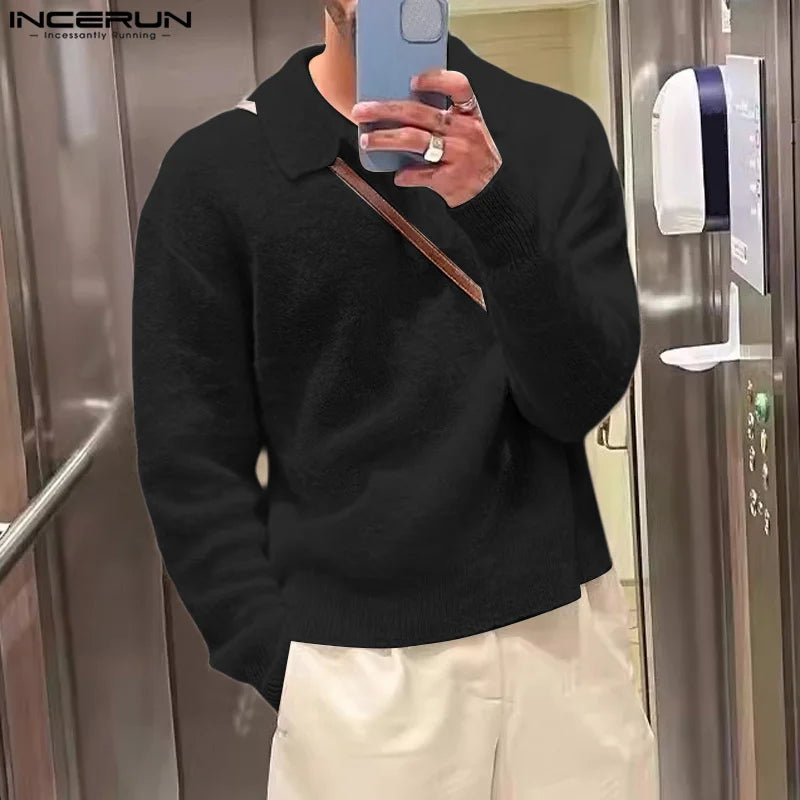 INCERUN Men Sweaters Solid Color Lapel Long Sleeve Knitted Casual Men Clothing Streetwear 2024 Fashion Male Thin Pullovers S-5XL Royal Drip